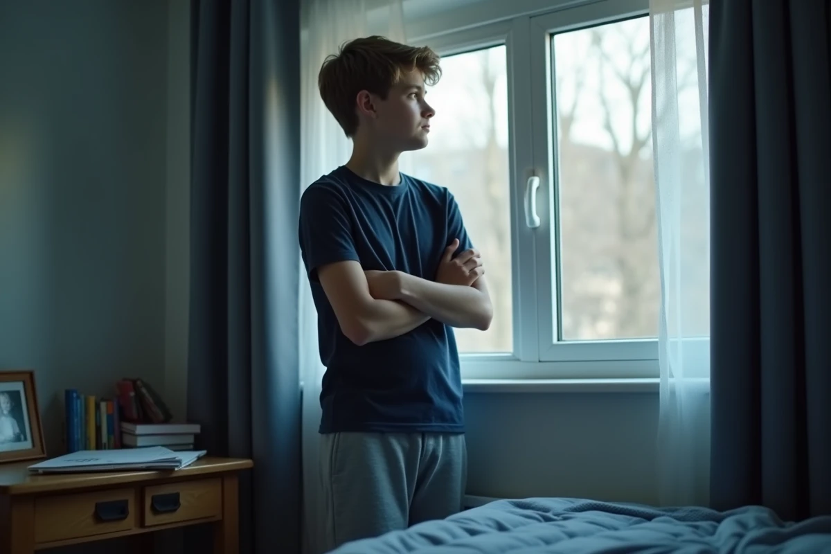 Adolescent pensif regardant par la fenêtre de sa chambre, évoquant le manque de figure paternelle durant l'adolescence