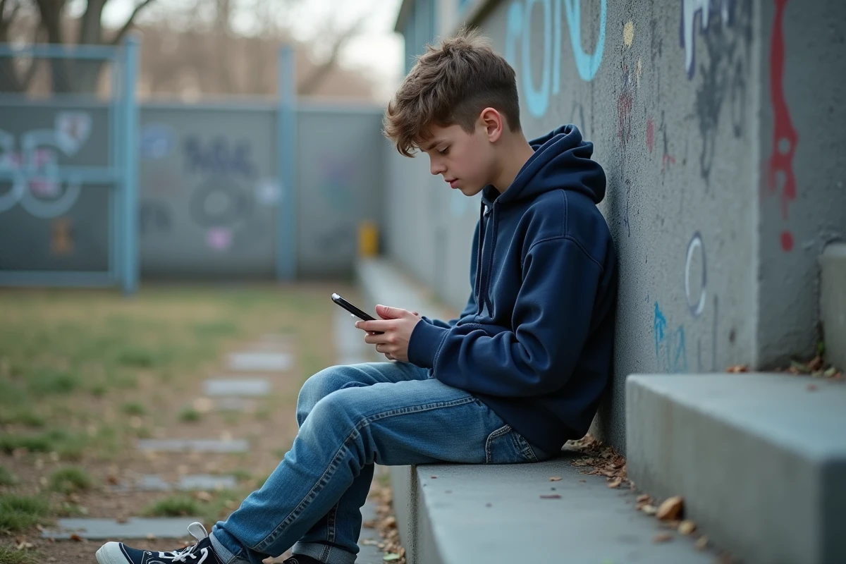 Adolescent isolé sur des marches d'école regardant son téléphone, évoquant le décrochage scolaire et l'influence des écrans