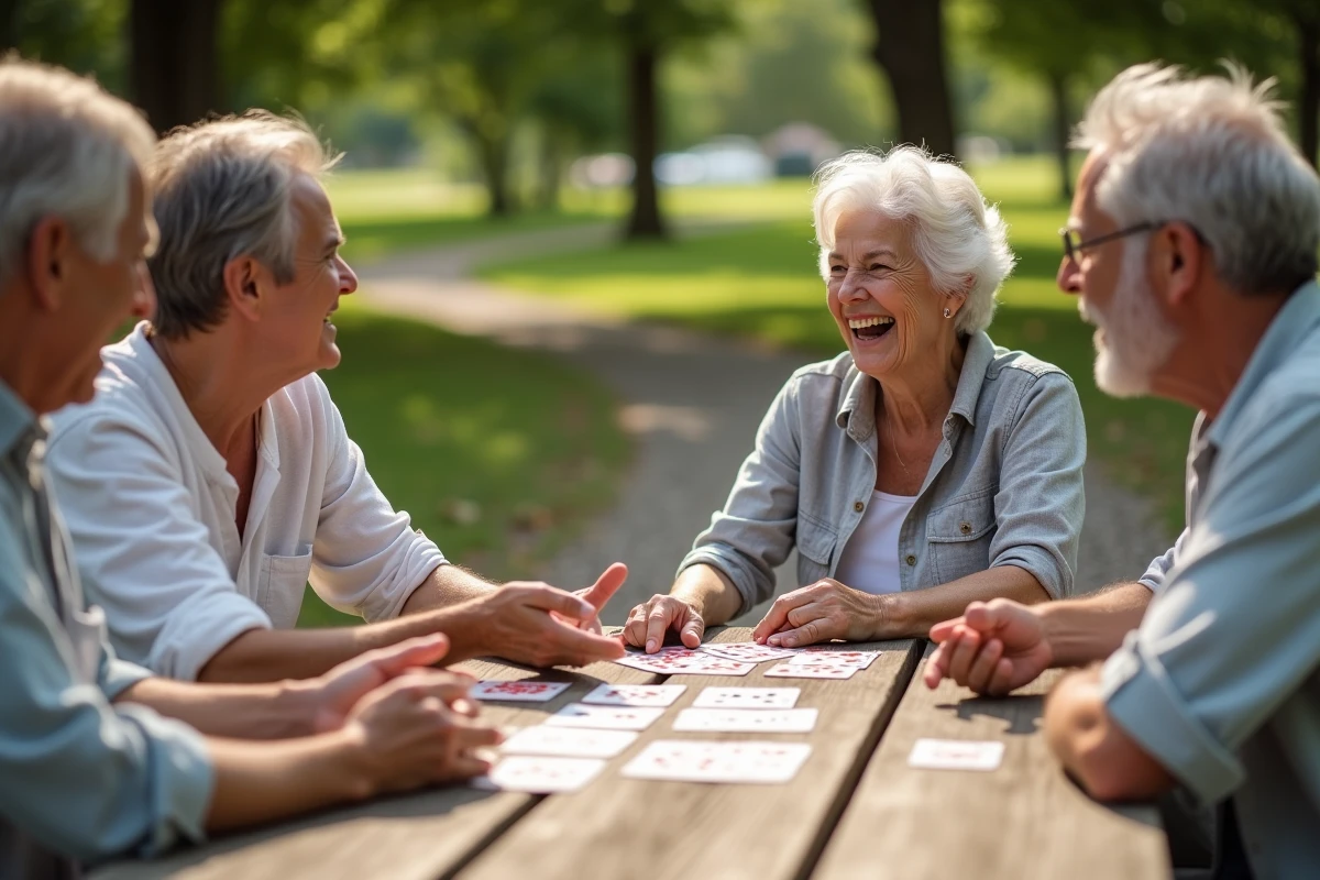Groupe d'adultes jouant aux cartes en plein air dans un parc avec des expressions de joie et de surprise