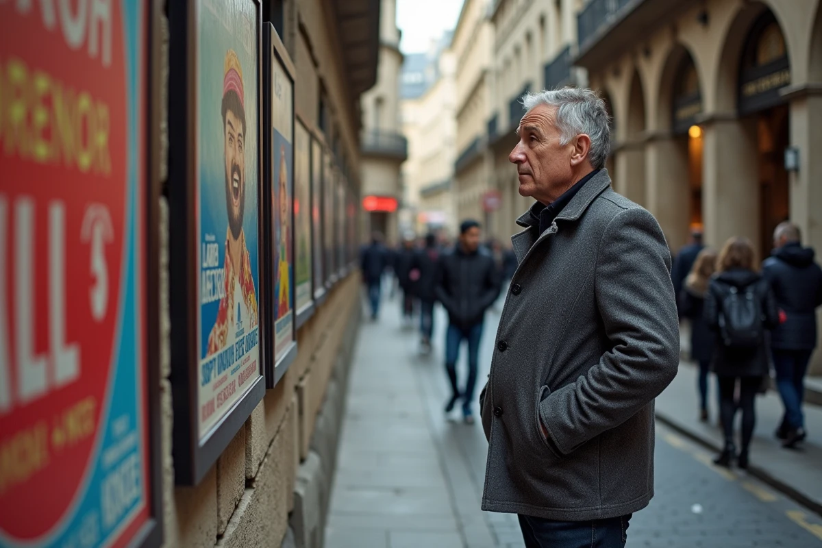 Homme examinant des affiches de spectacles de théâtre collées sur un mur en pierre dans une rue parisienne