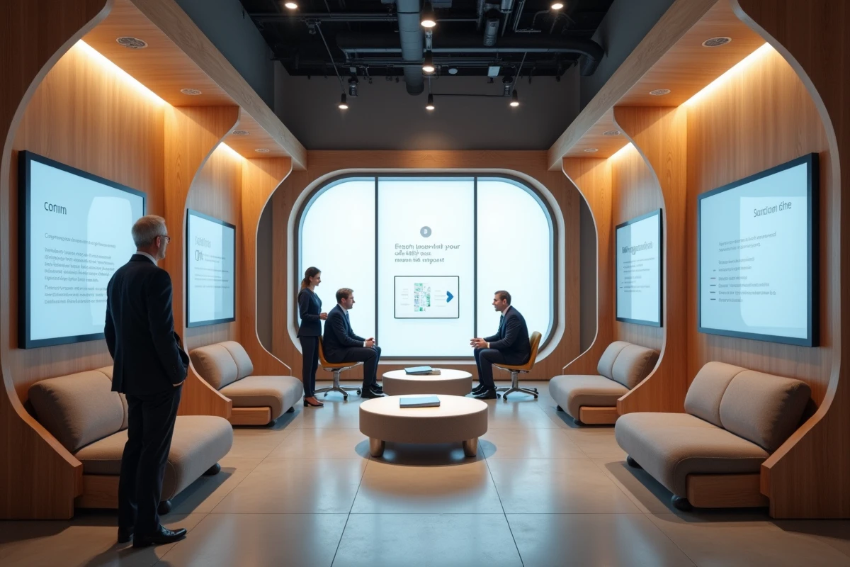 Agence bancaire du futur transformée en espace numérique interactif avec des conseillers et des clients