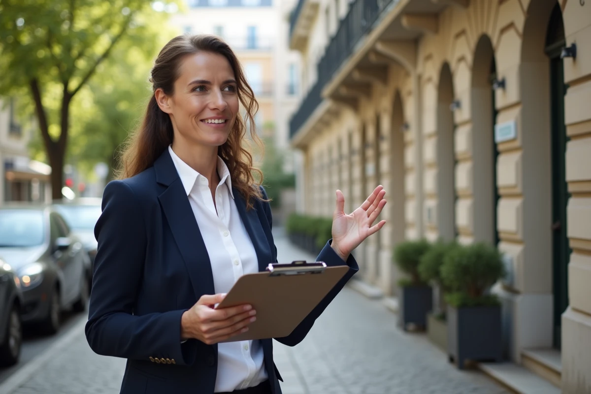 Femme agent immobilier évaluant un immeuble locatif dans un quartier résidentiel urbain