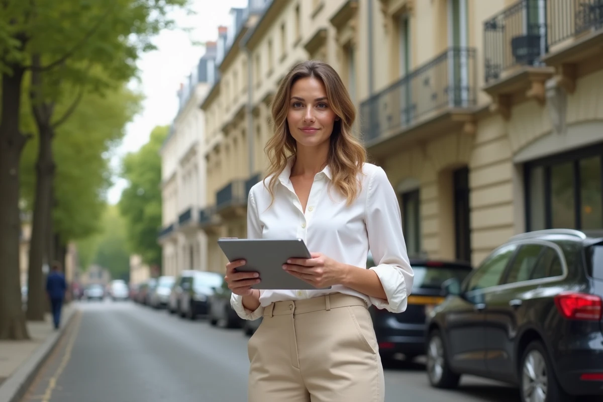 Femme agent immobilier devant un immeuble haussmannien avec tablette affichant un tableau de bord de rendement locatif