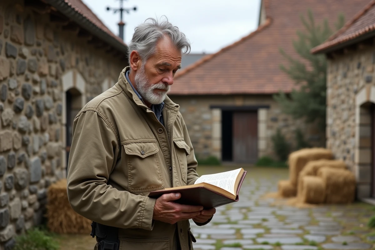 Agriculteur français tenant un registre dans la cour pavée d'une ferme en pierre avec toits en tuiles