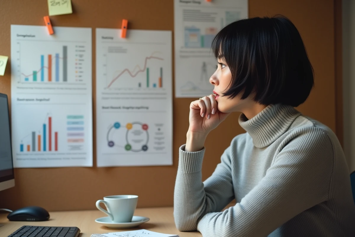Femme analysant deux cadres stratégiques ABC et ABM affichés sur un tableau en liège dans un bureau à domicile