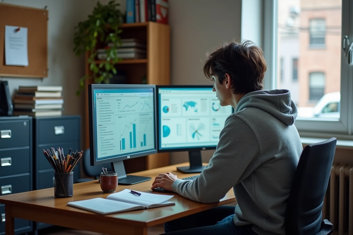Jeune professionnel analysant des données d'impact social sur ordinateur dans les bureaux d'une association à but non lucratif