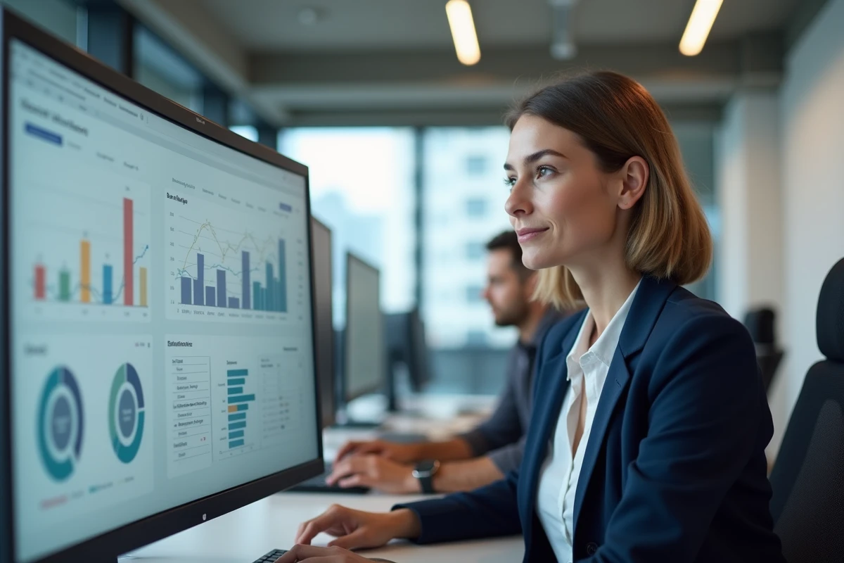 Femme analyste web consultant des KPI sur un tableau de bord analytique dans un bureau moderne