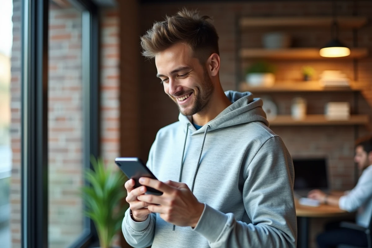Jeune homme consultant son application bancaire sur smartphone dans un espace de coworking contemporain
