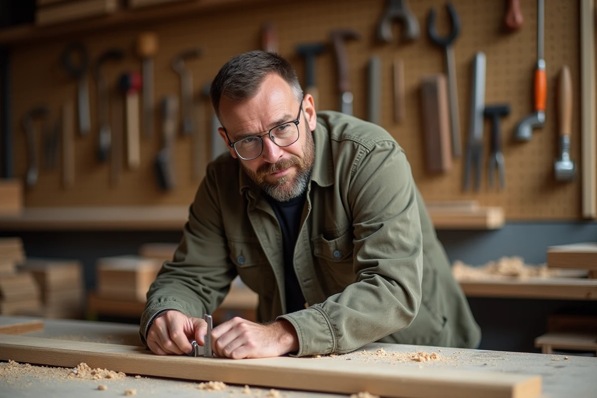 Artisan menuisier mesurant une planche en bois dans un atelier de menuiserie traditionnel