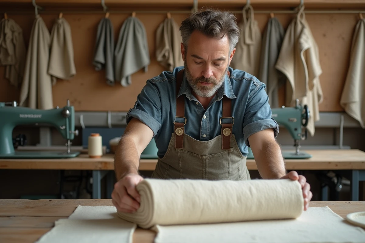 Artisan textile inspectant un tissu en laine naturelle non teinte dans un atelier de fabrication écoresponsable