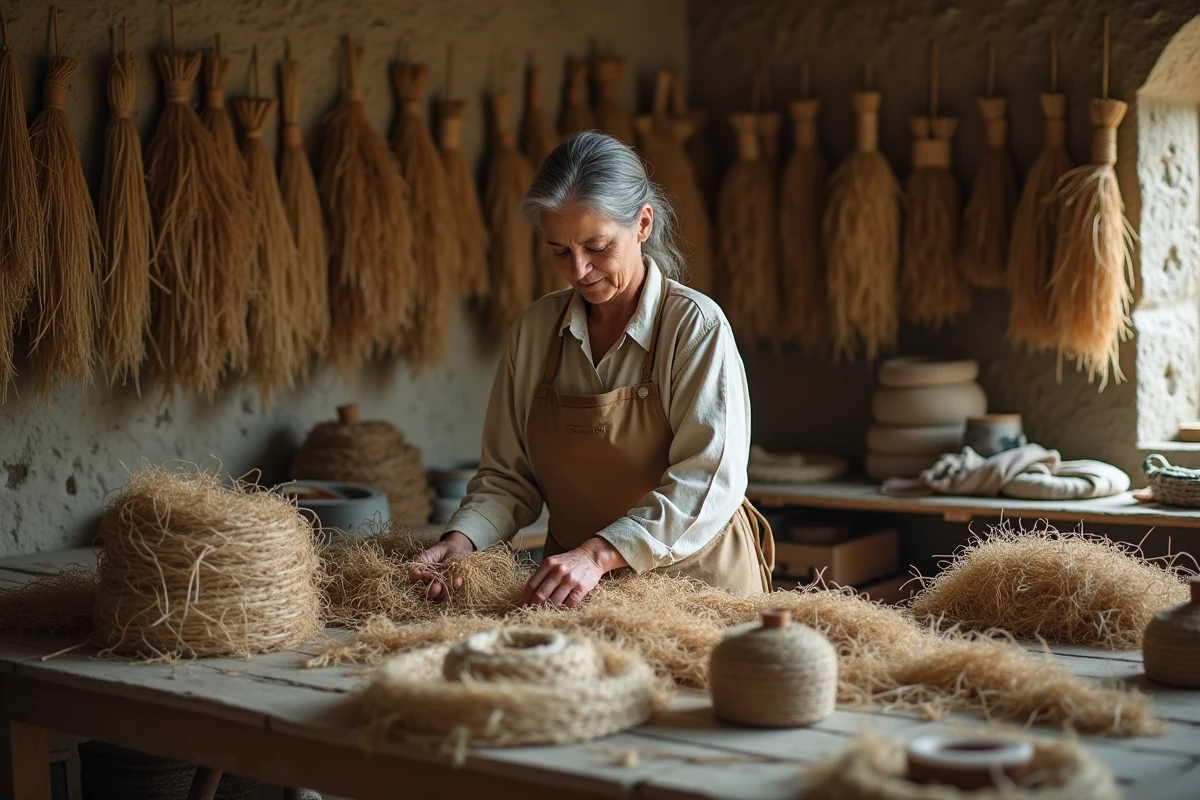 Artisane triant des cordes et textiles en chanvre brut dans un atelier rustique aux murs de pierre