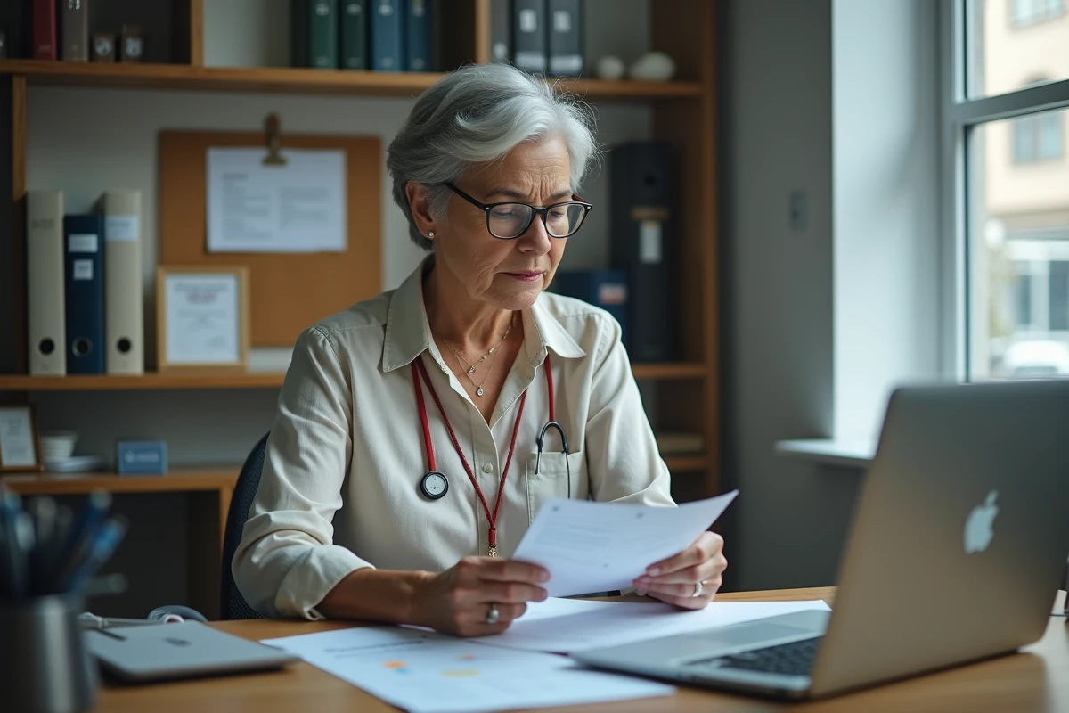 Femme artisane vérifiant son statut professionnel sur des documents administratifs dans un bureau