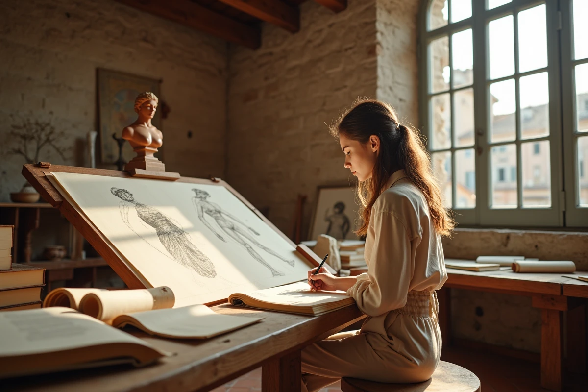 Jeune artiste dessinant des études anatomiques dans un atelier de style Renaissance