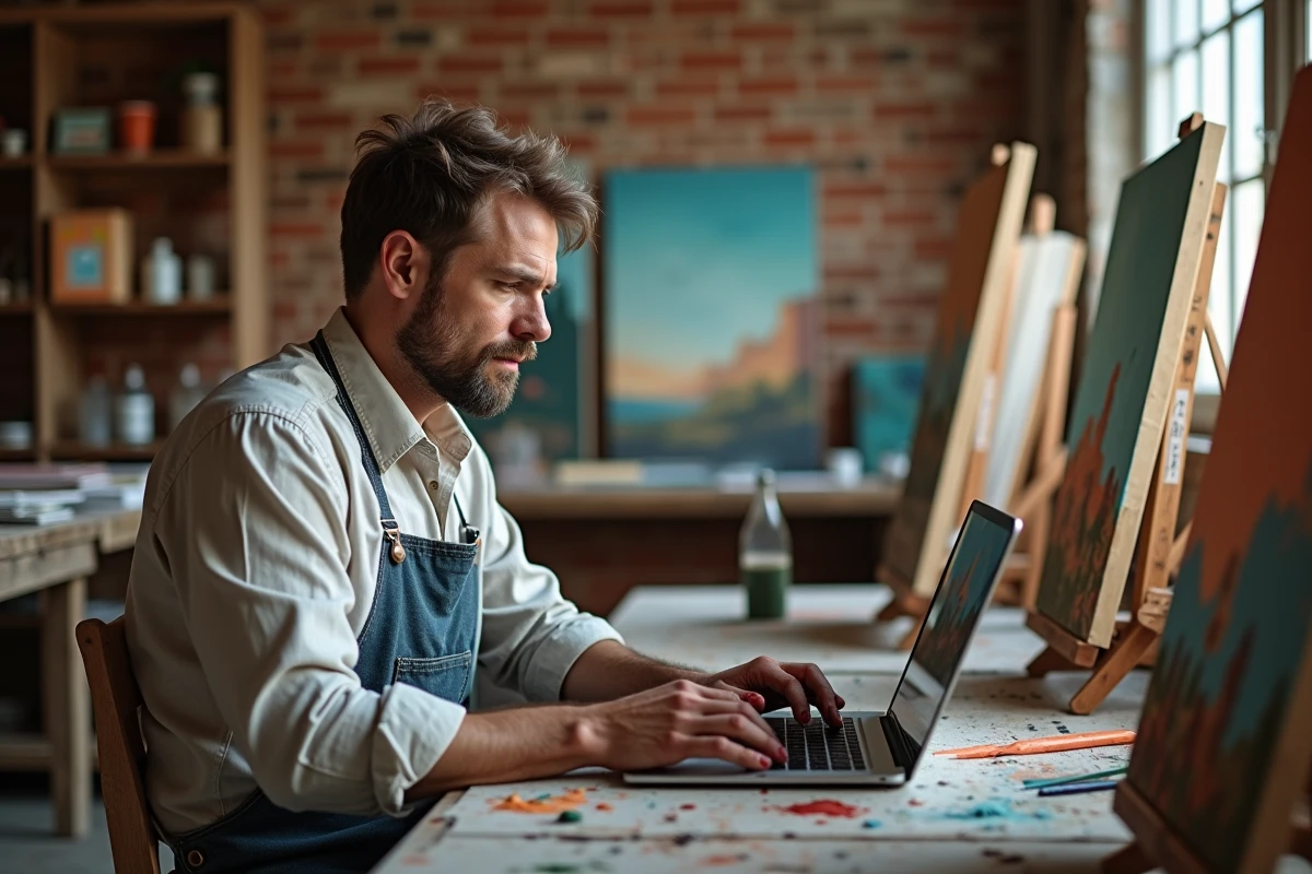 Artiste peintre consultant ses revenus sur un ordinateur dans son atelier, entouré de toiles vendables représentant les arts visuels rentables