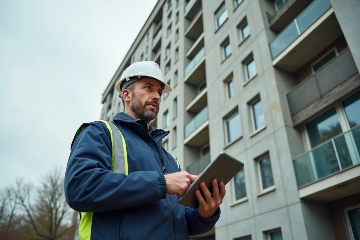 Auditeur énergétique inspectant la façade d'un immeuble en copropriété avec une tablette numérique