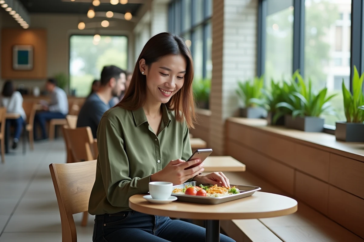 Employée profitant du repas pris en charge par l'employeur comme avantage en nature à la cantine d'entreprise