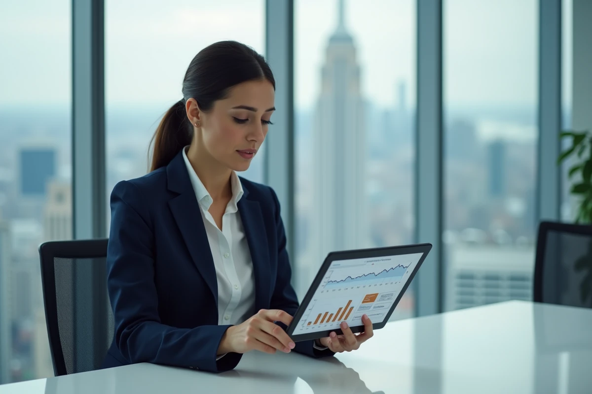 Femme cadre utilisant une tablette numérique pour gérer des services bancaires digitaux dans un bureau moderne