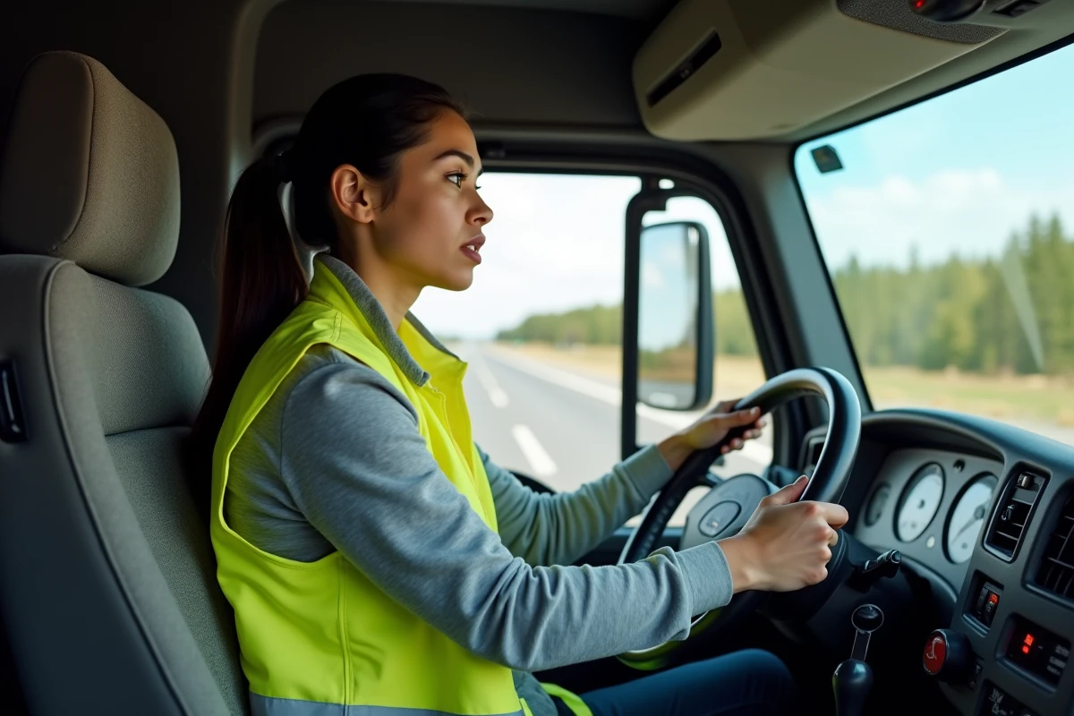 Candidate au permis C1E au volant d'un camion lors d'une session de conduite accompagnée