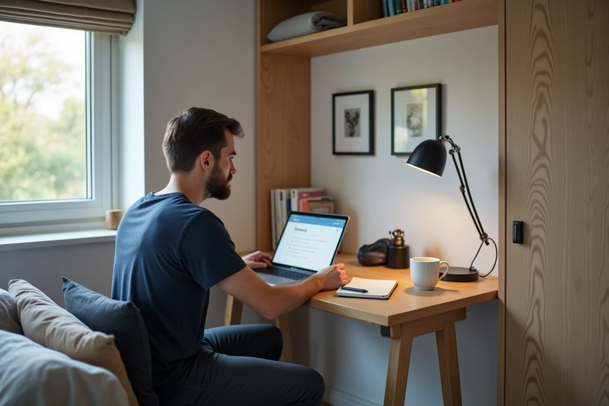 Homme travaillant dans sa chambre privée dans une résidence de co-living avec bureau en bois et décoration minimaliste