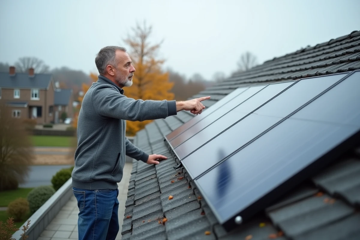 Propriétaire sur le toit de sa maison montrant des panneaux solaires photovoltaïques installés pour le chauffage
