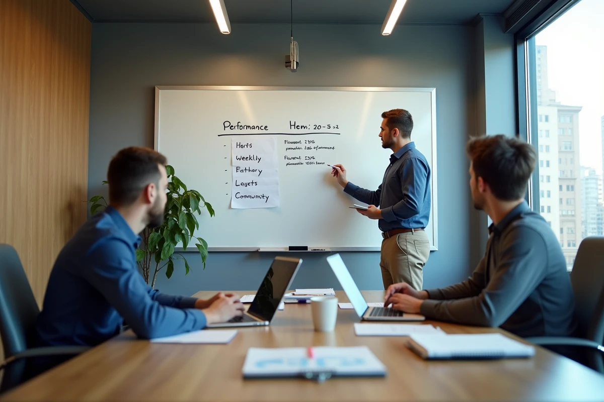 Chef d'équipe écrivant des objectifs de performance sur un tableau blanc lors d'une réunion de travail