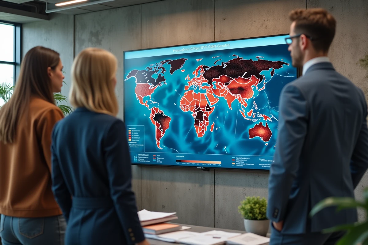 Groupe de chercheurs en politique internationale analysant une carte géopolitique numérique dans un bureau de think tank moderne