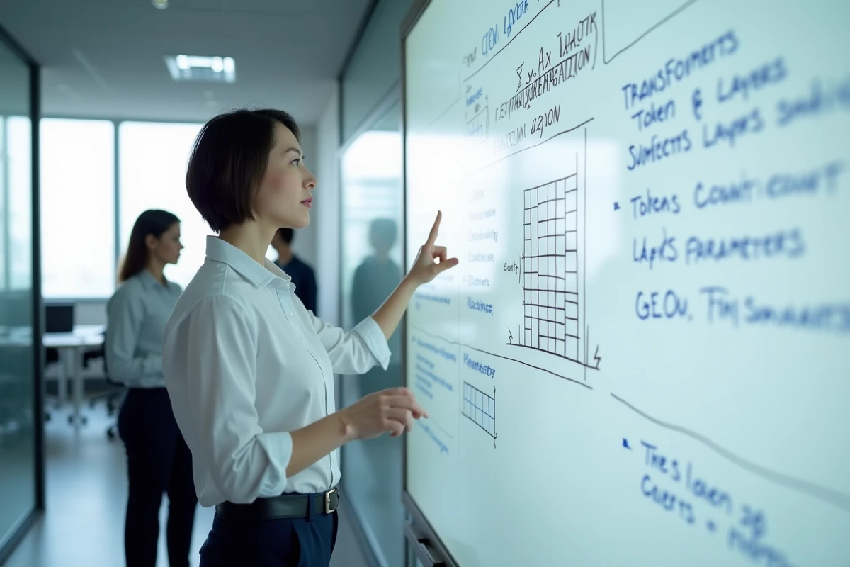 Chercheuse expliquant devant un tableau blanc la structure et la taille en paramètres d'un LLM de type ChatGPT