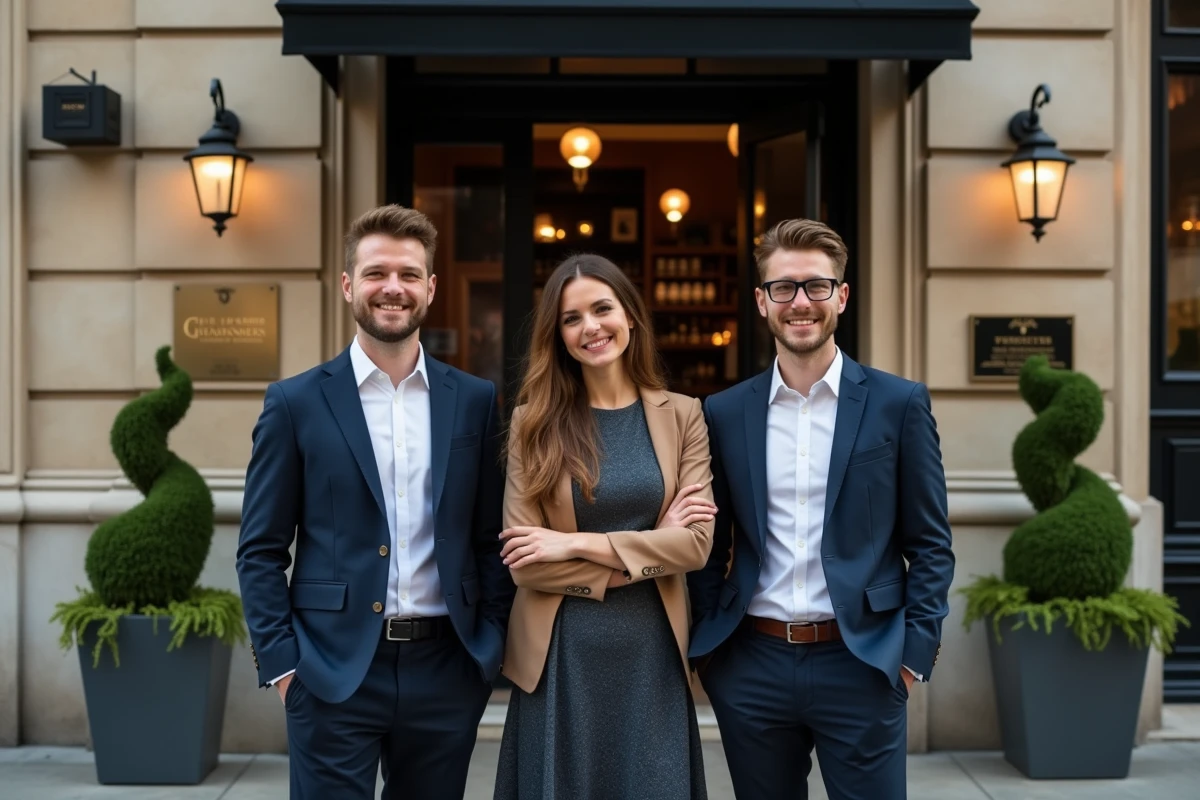 Groupe de jeunes adultes en tenue smart-casual devant l'entrée d'un restaurant chic respectant un code vestimentaire