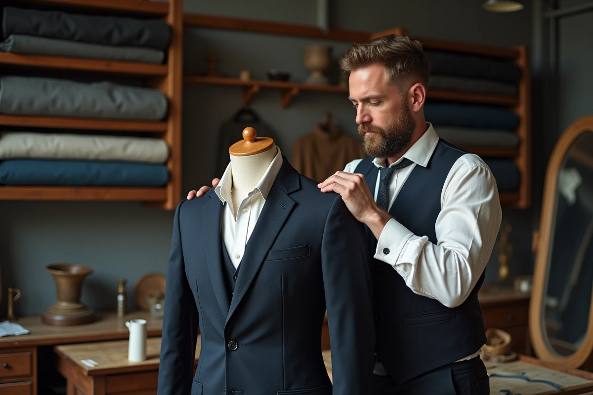 Tailleur professionnel ajustant un costume sur mesure dans son atelier traditionnel symbolisant l'importance du code vestimentaire