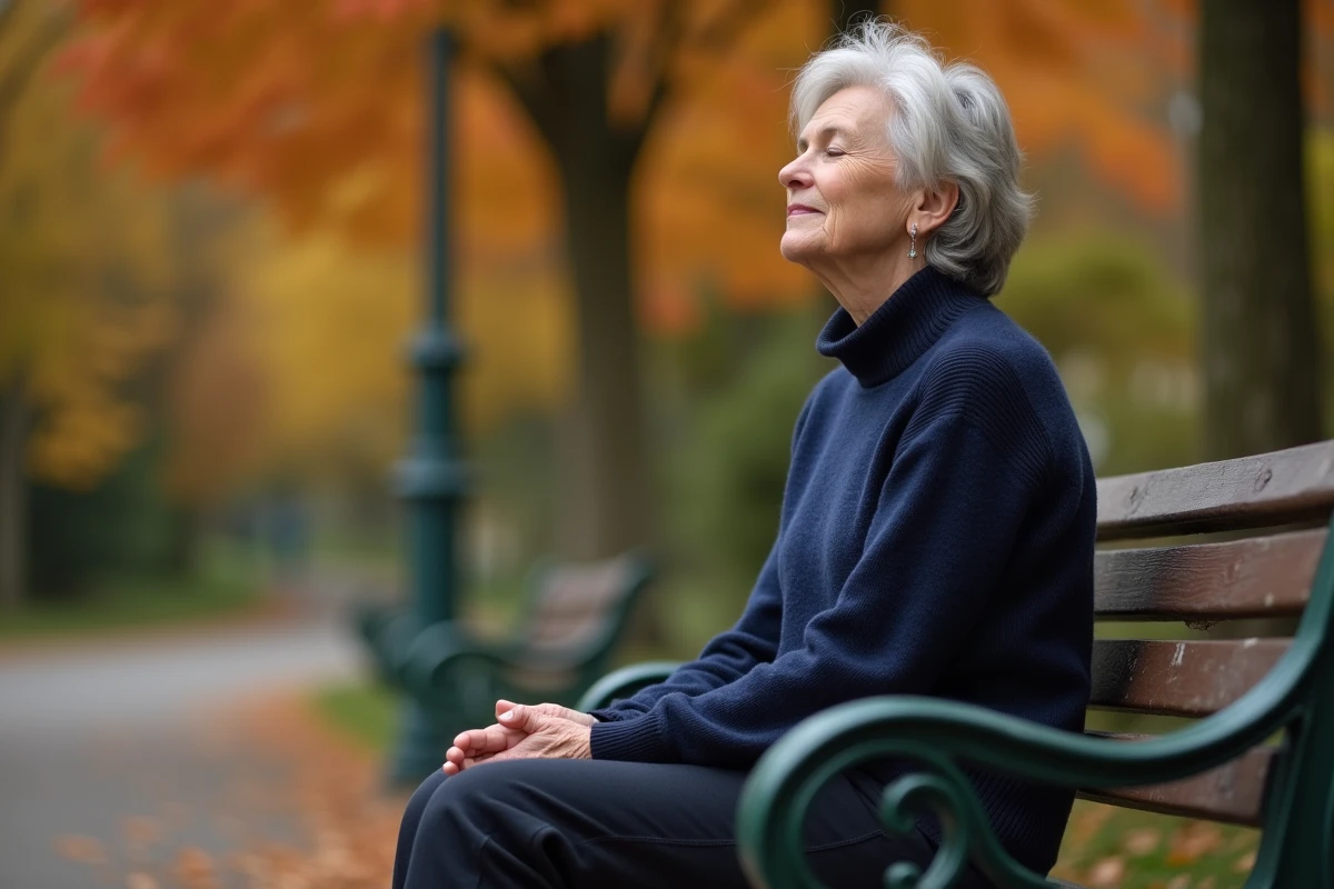 Femme mature en position assise sur un banc de parc pratiquant la cohérence cardiaque en plein air en automne