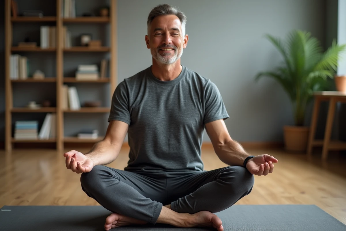 Homme assis en taille sur un tapis de yoga pratiquant la cohérence cardiaque à domicile dans un espace calme