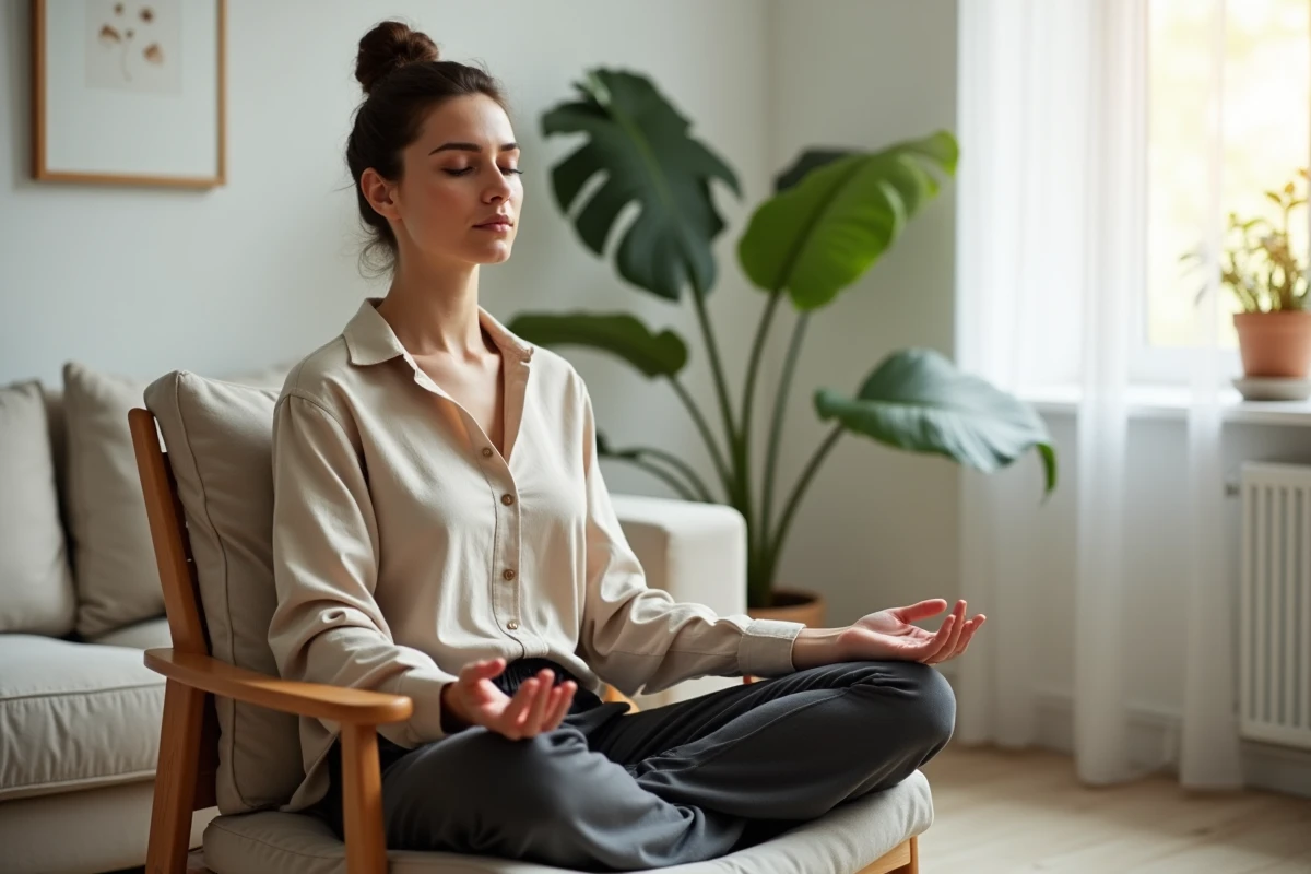 Femme pratiquant la cohérence cardiaque en position assise dans un salon minimaliste, yeux fermés et posture droite