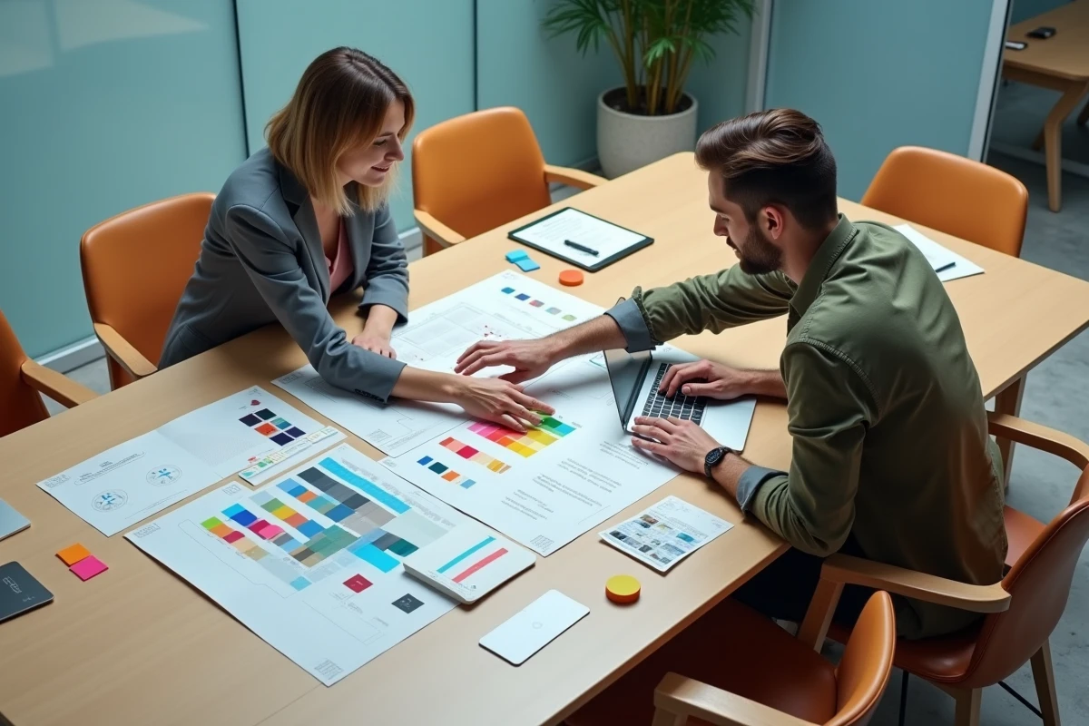 Deux designers collaborant sur une table de réunion avec des maquettes imprimées et des outils de design, illustrant les deux types de design