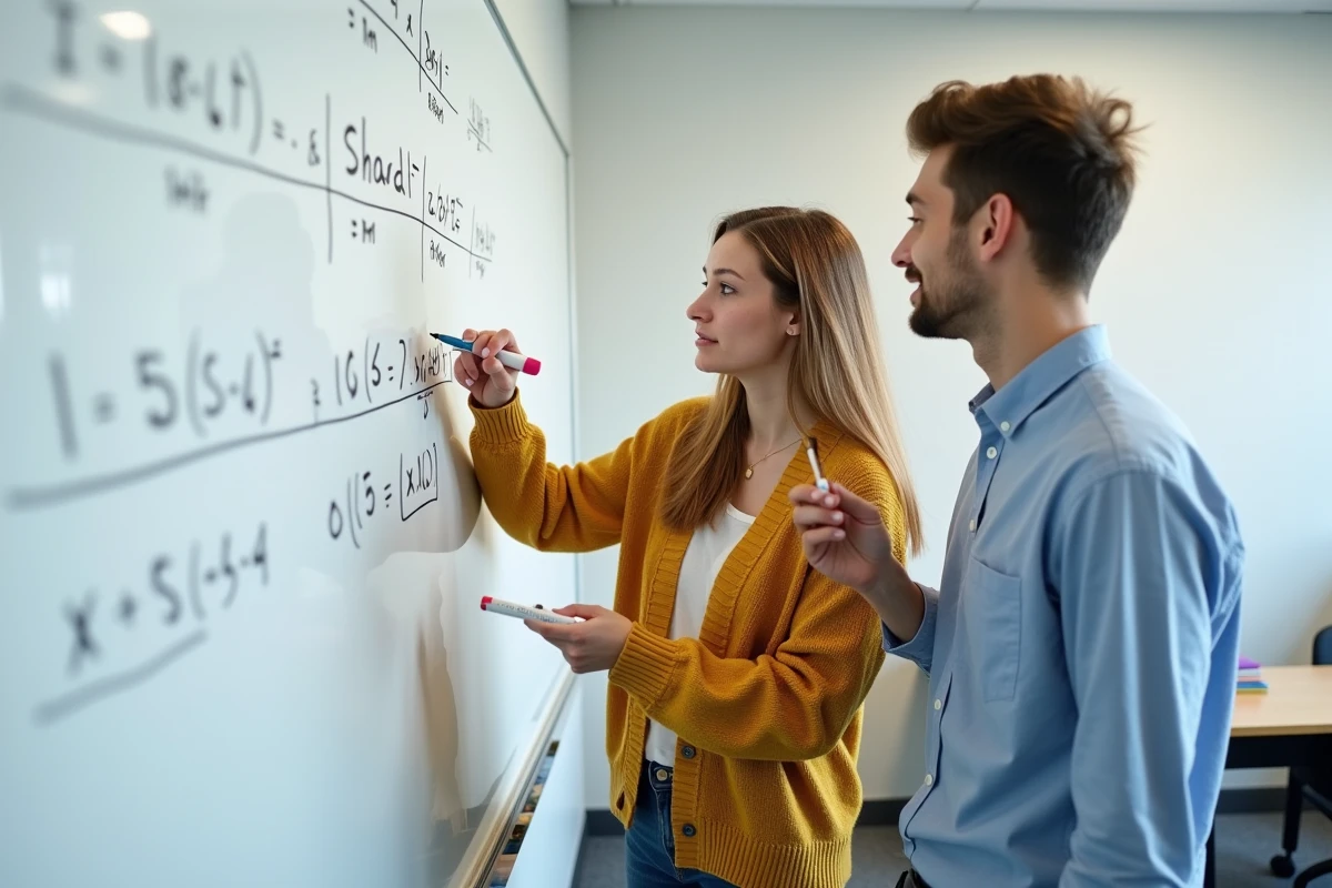 Deux étudiants collaborant devant un tableau blanc pour résoudre un ensemble de solutions aux inégalités mathématiques