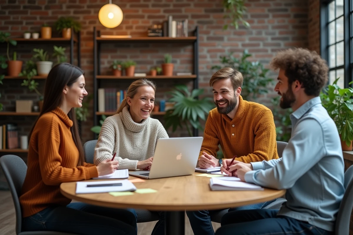 Groupe de professionnels collaborant autour d'une table dans un espace de co-working pour développer des innovations sociales