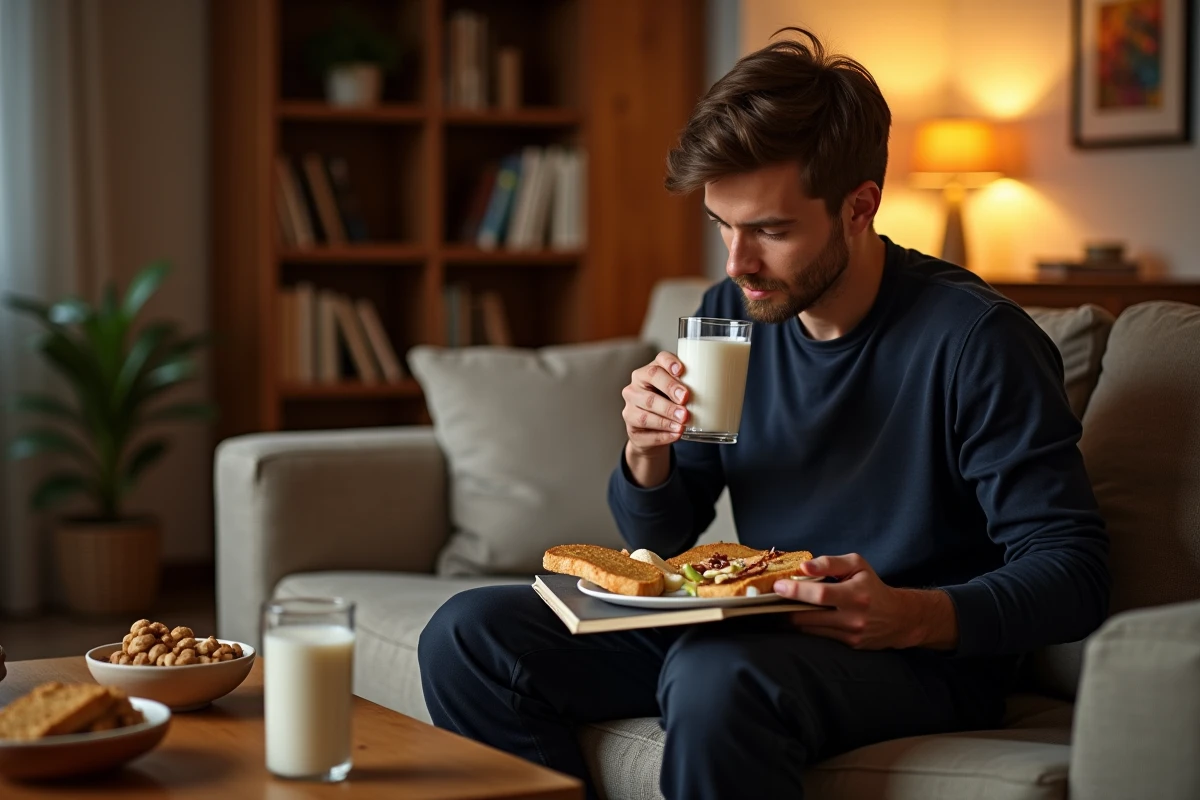 Jeune homme prenant une collation calorique en soirée pour optimiser la prise de masse
