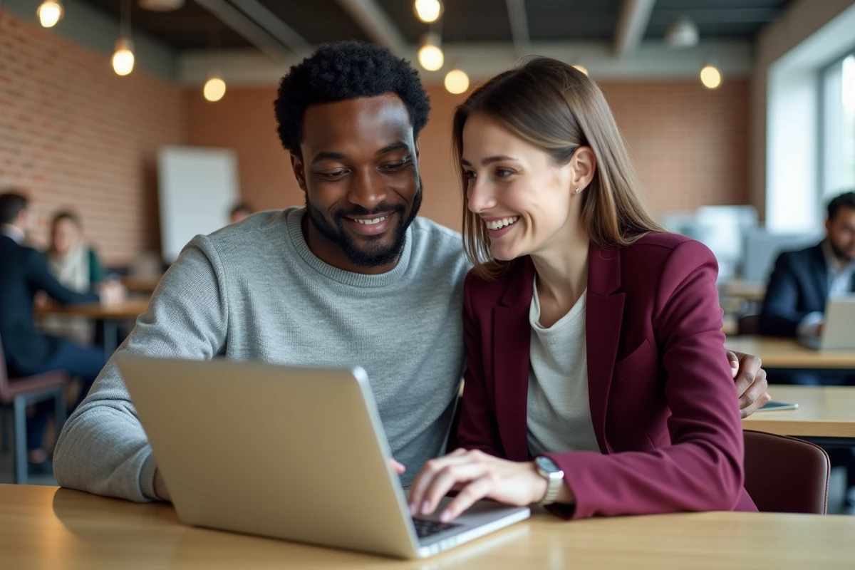 Deux collègues d'origines différentes travaillant ensemble sur un ordinateur portable dans un espace de coworking, symbolisant la mixité professionnelle