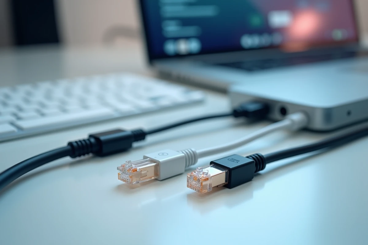 Comparaison visuelle d'un câble ethernet et d'un câble fibre optique posés sur une surface blanche