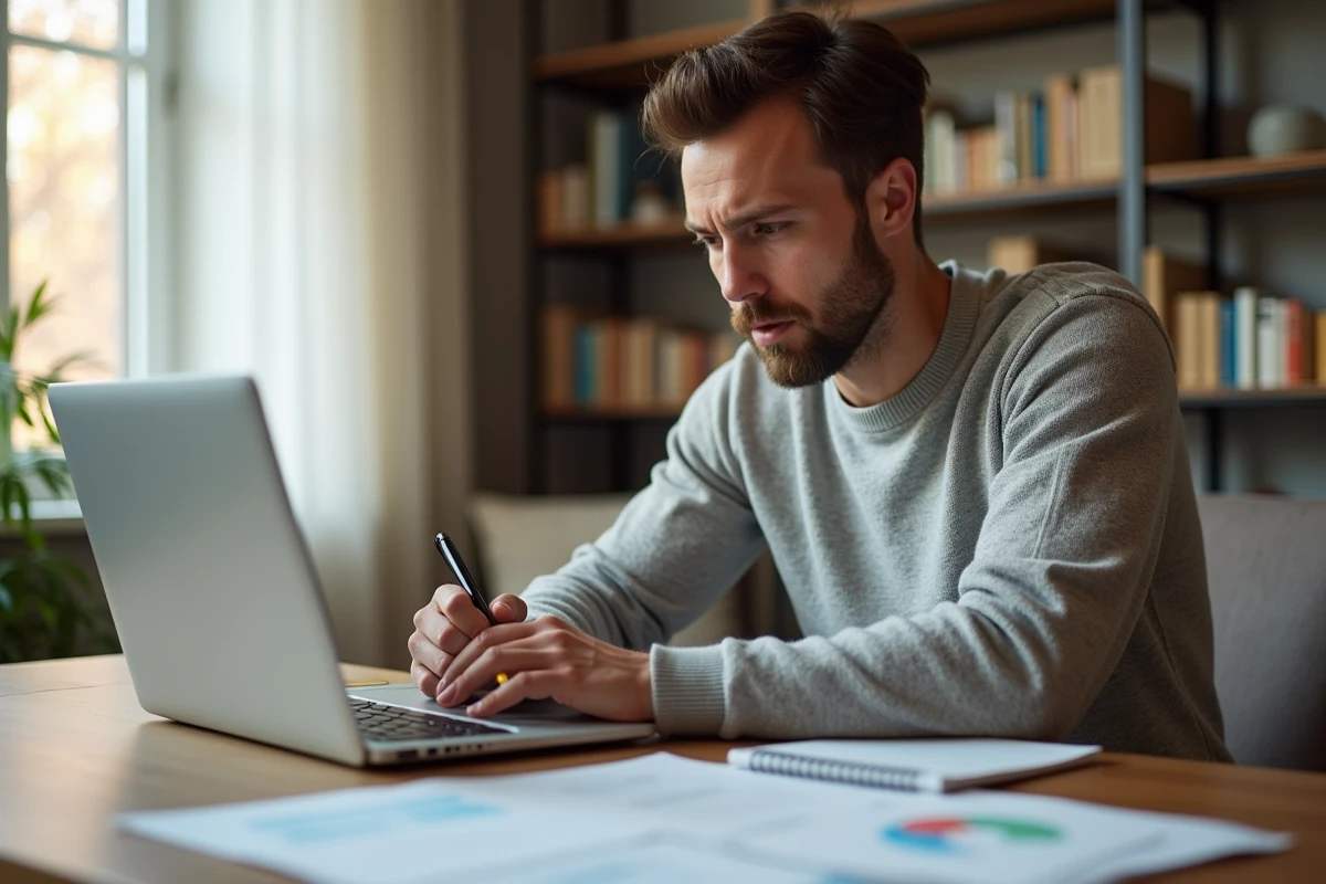 Homme comparant des offres de prêt hypothécaire sur son ordinateur depuis son bureau à domicile