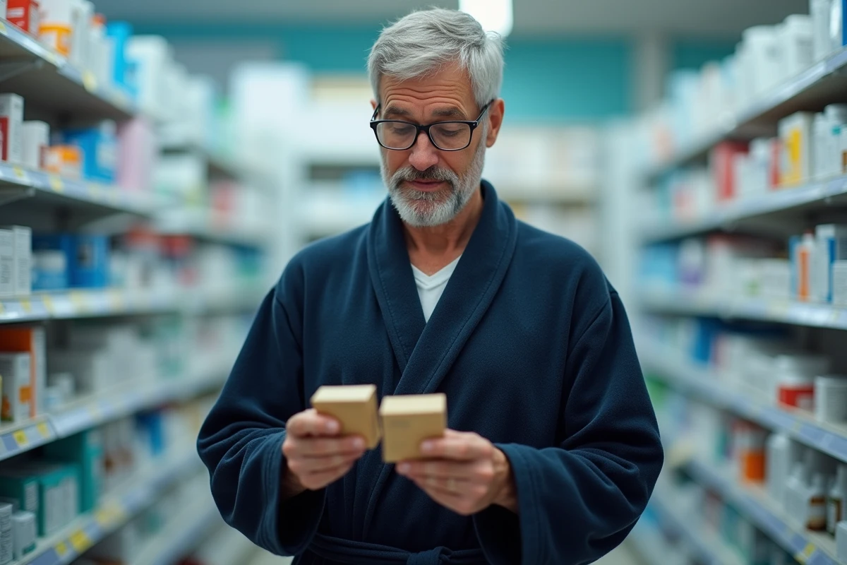 Homme comparant deux boîtes de somnifères sans ordonnance dans une pharmacie