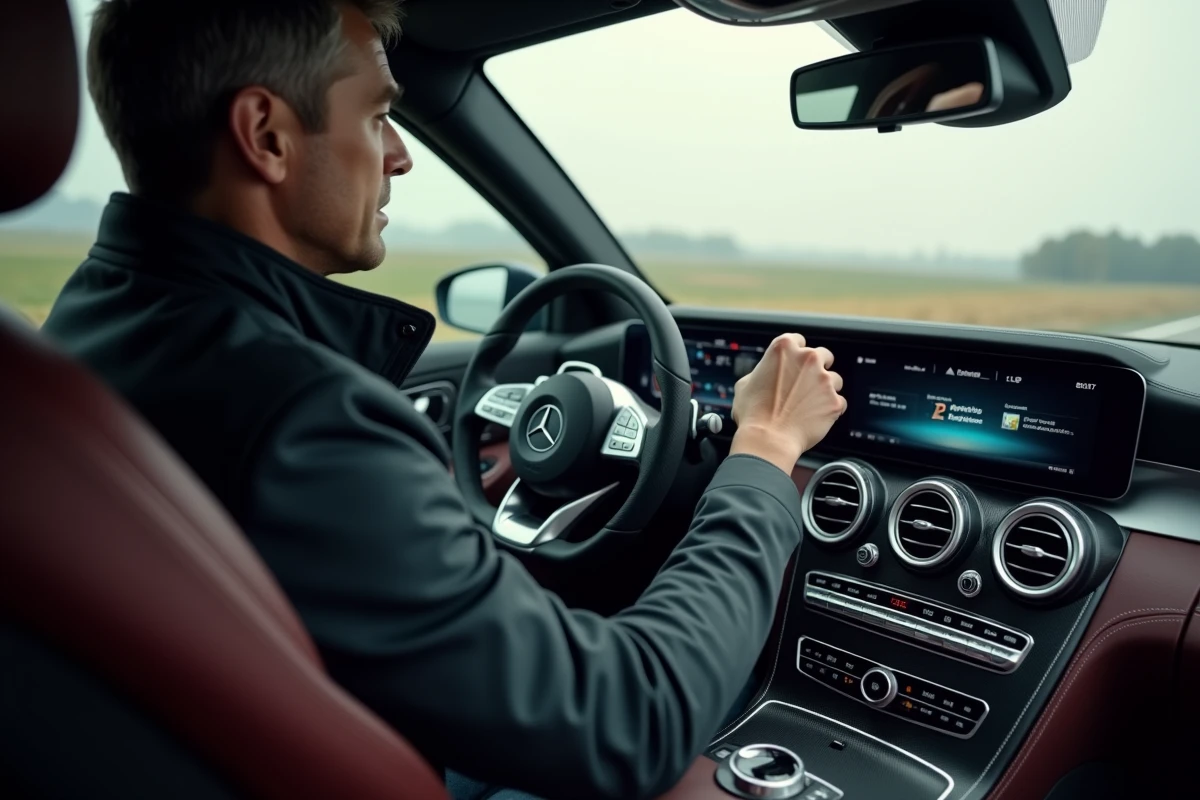Conducteur sélectionnant le mode AMG Dynamics sur le bouton de console centrale d'une Mercedes-AMG