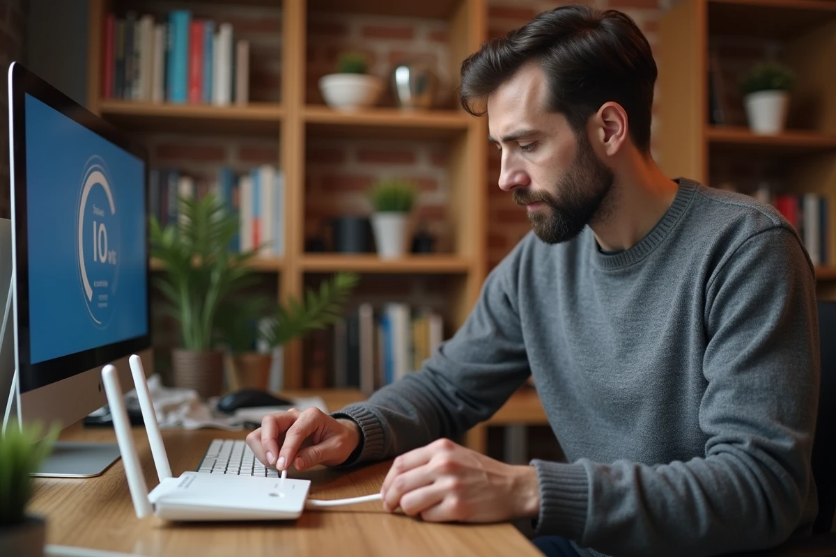 Homme connectant un câble fibre optique à un routeur dans un bureau à domicile moderne