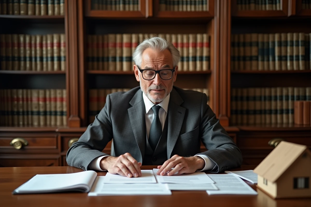 Conseiller fiscal en costume examinant des documents liés à l'IFI et des formulaires de déclaration de patrimoine immobilier dans un bureau de notaire
