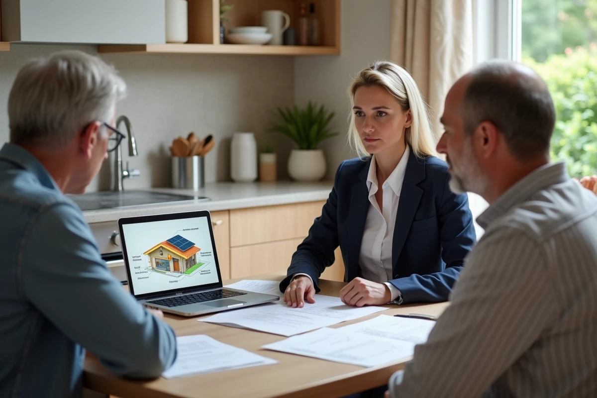Conseillère en énergie solaire expliquant les économies de chauffage à un couple de propriétaires autour d'un audit énergétique