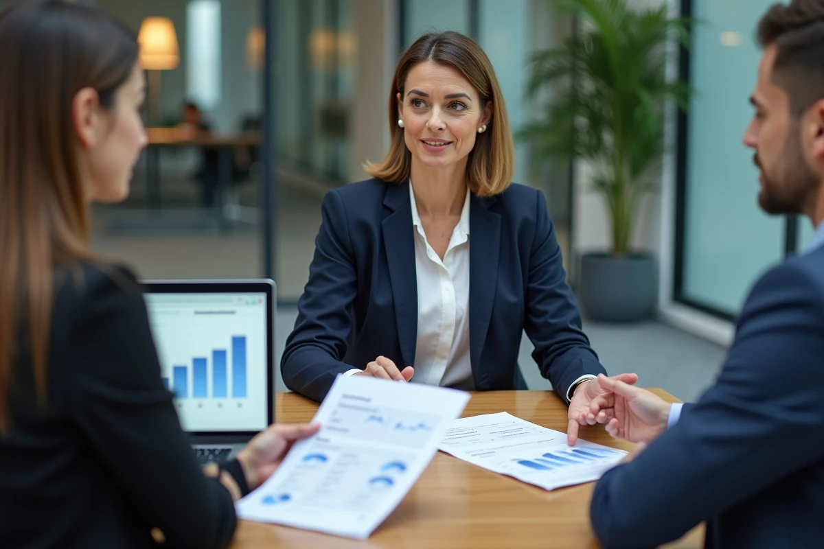 Conseillère bancaire expliquant les options de prêt hypothécaire à un couple dans une agence moderne