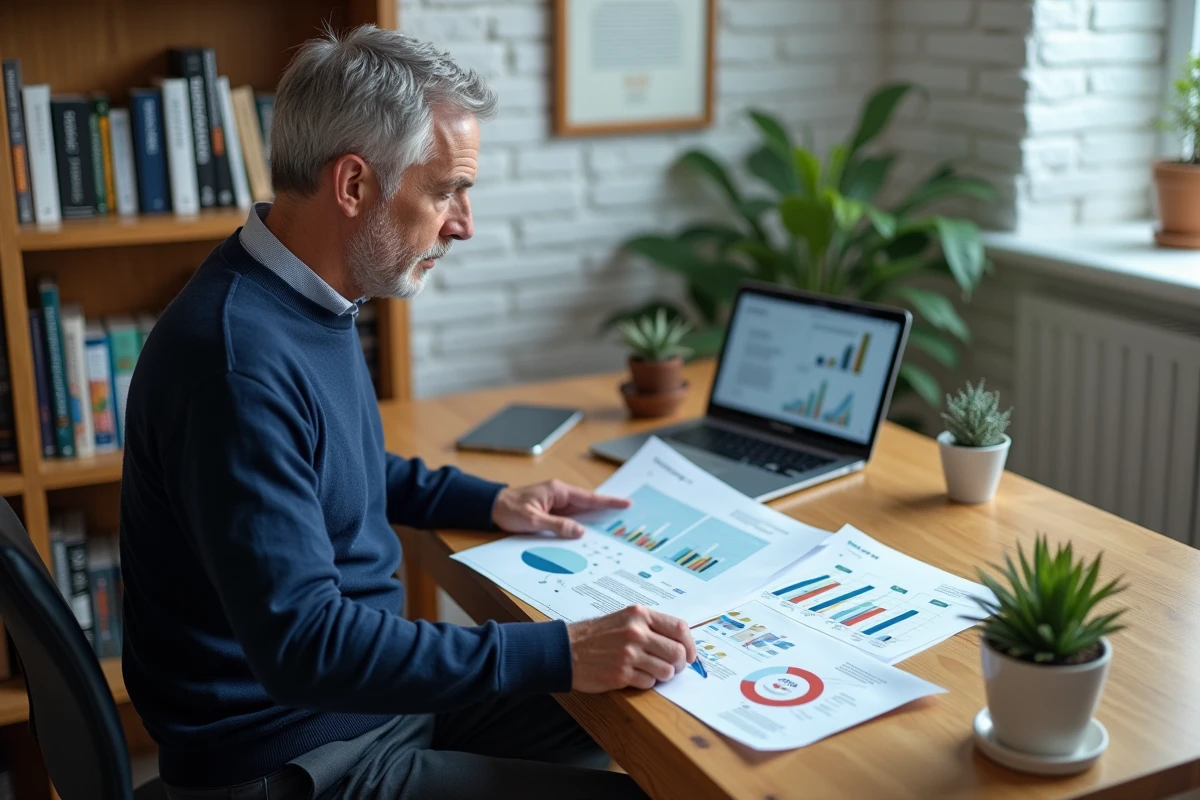Consultant en développement durable analysant des données RSE sur un bureau avec infographies et outils de mesure d'impact environnemental