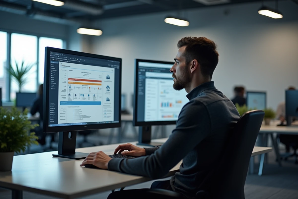 Consultant IT concentré sur un framework de transformation numérique affiché sur deux écrans dans un espace de travail moderne
