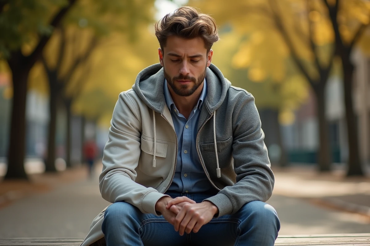 Homme assis dans un parc illustrant le contraste entre tenues décontractées et formelles et leur effet sur la personnalité