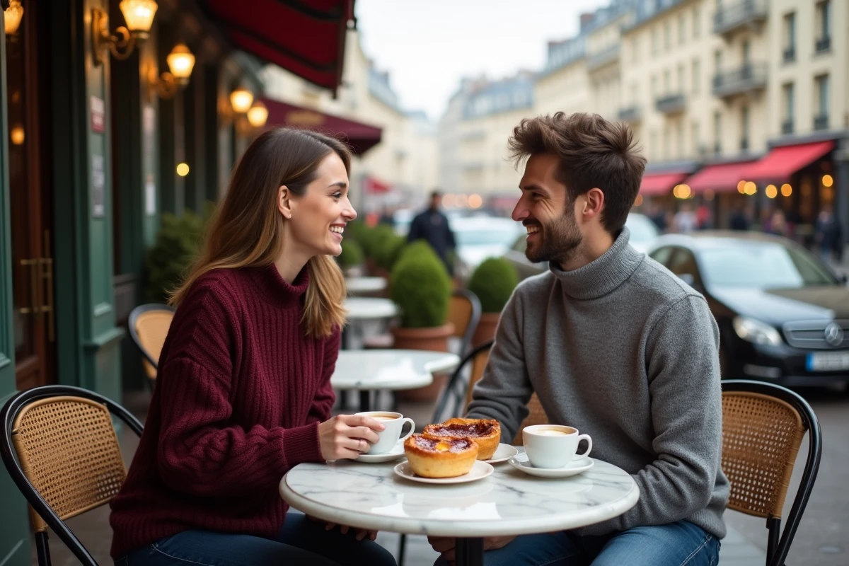Couple partageant une tarte tatin en terrasse d'un café parisien typique avec façade haussmannienne