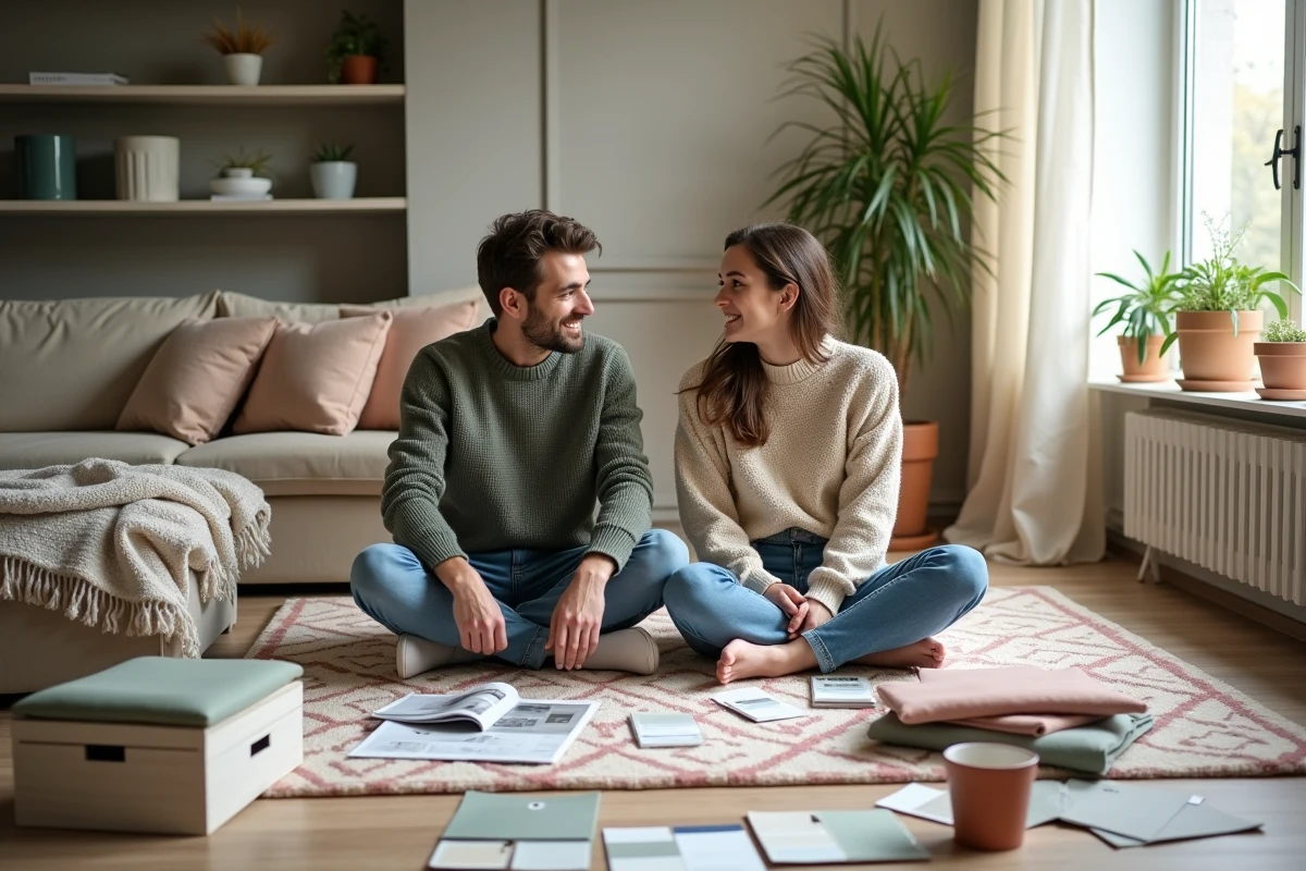 Couple assis sur un tapis en train de choisir des matériaux de décoration pour personnaliser leur intérieur